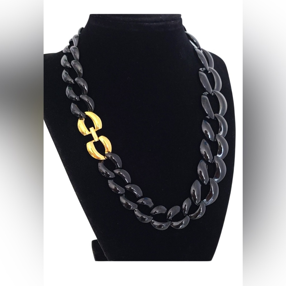 Vintage Napier Black Graduated Enamel Chain Necklace with Gold Link